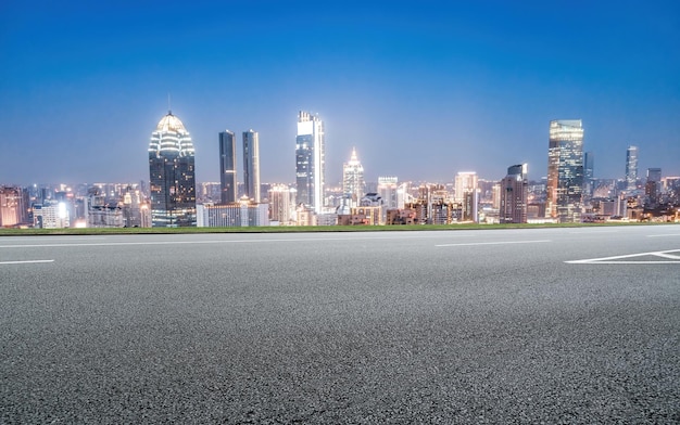 Freeway skyline and financial district modern buildings