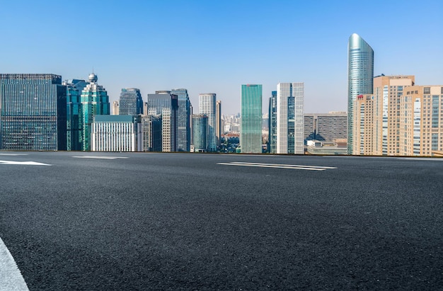 Freeway skyline and financial district modern buildings