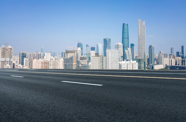 Freeway skyline and financial district modern buildings