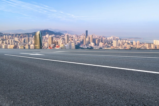 Freeway skyline and financial district modern buildings