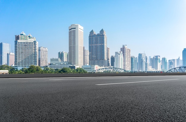 Freeway skyline and financial district modern buildings