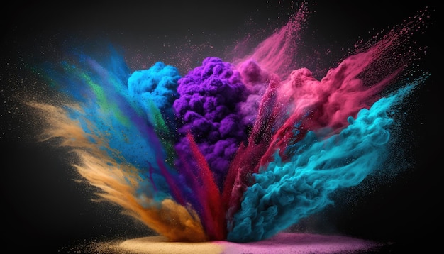 Freeze frame of colorful powder explosion. Dust particles scatter from below on a dark background