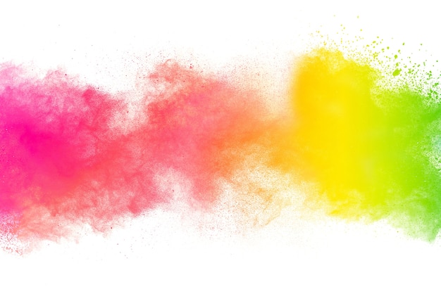 Freeze motion of color powder exploding on white background.