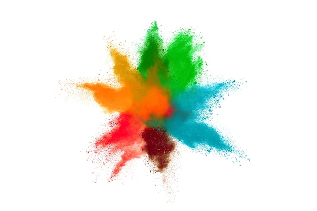 Freeze motion of color powder exploding on white  