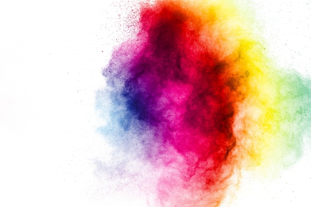 Freeze motion of colored powder explosions on white background.