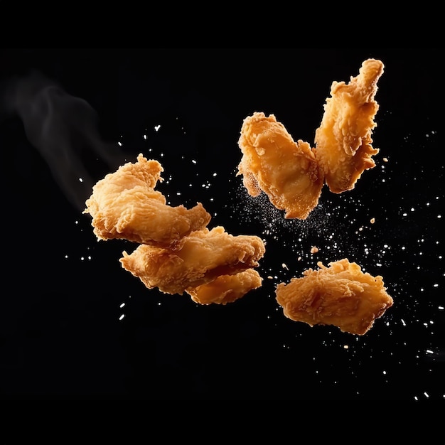 Freeze motion of flying pieces of fried chicken pieces on black background Concept of levitating