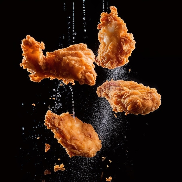 Freeze motion of flying pieces of fried chicken pieces on black background Concept of levitating