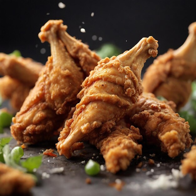 Foto freeze motion shot di flying fresh fried chicken wings o strips ai generate