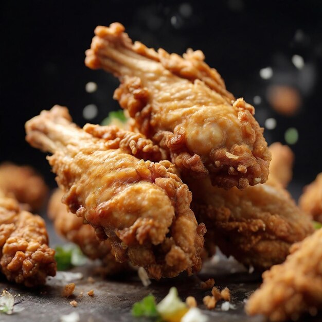 Freeze Motion Shot of Flying Fresh Fried Chicken Wings or Strips