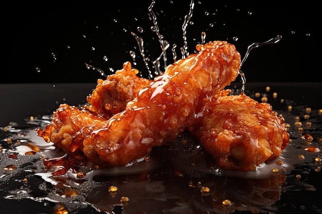 Freeze Motion Shot of Flying Fresh Fried Chicken Wings or Strips