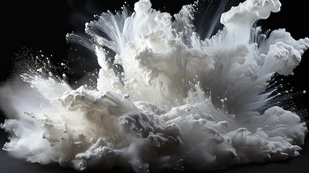 Freeze motion of white color powder exploding on black background