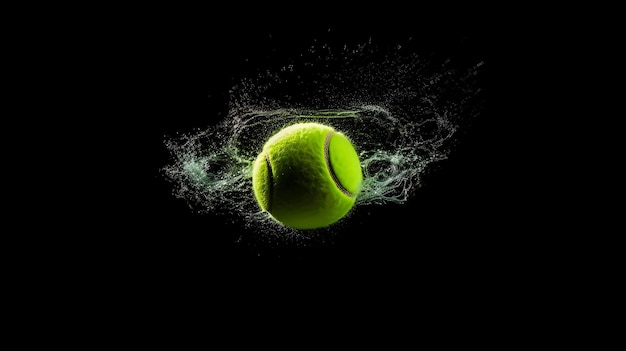 Freeze shot of tennis ball containing green powder in motion isolated on black background Generative AI