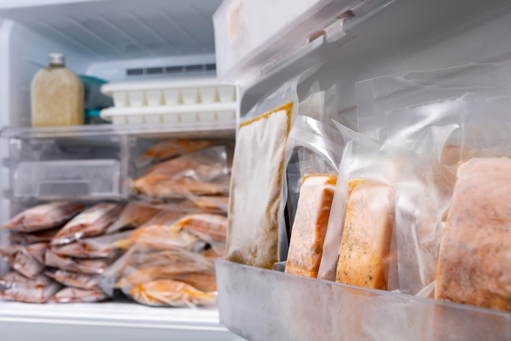 Photo freezer of modern refrigerator full of frozen food products freeze cooked salmon in vacuum packs