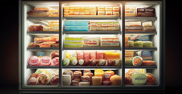 Фото Морозильник с огромными стеклянными дверцами и разнообразной упаковкой различных готовых блюд. изображение, сгенерированное искусственным интеллектом.