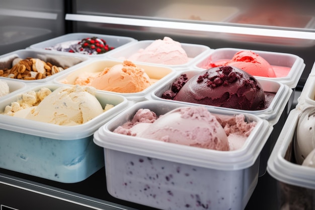 生成 AI で作成されたさまざまな冷凍食品やアイスクリームが入った冷凍庫