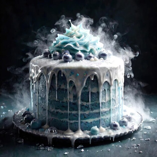 Photo freezing birthday cake indicating age stopped in time cold frozen and covered with ice