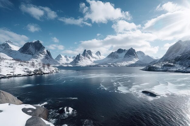 Замерзающий фьорд зимой с заснеженными горами и ледяным ландшафтом