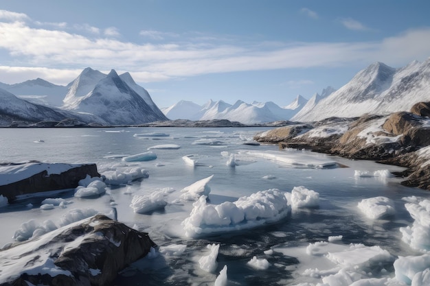 Freezing fiord with snowcovered mountains in the background created with generative ai