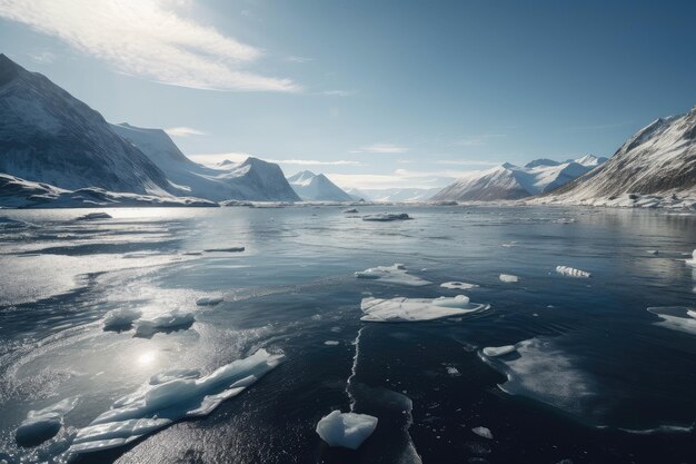 Freezing fiord with snowcovered mountains in the background