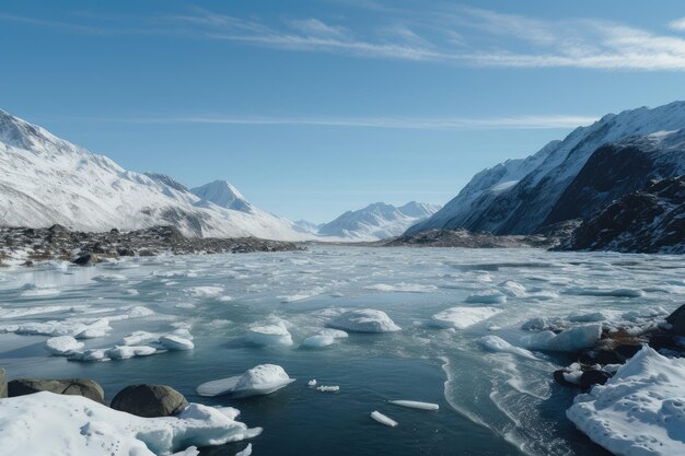 遠くに巨大な氷河を望む凍てつくフィヨルド