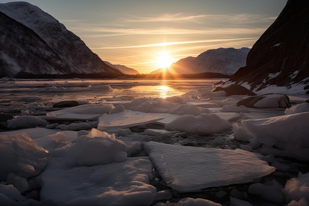 Freezing fiord with view of the sun setting behind the mountains