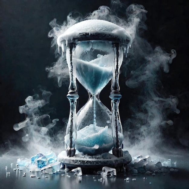 Photo freezing hourglass indicating stopping time cold frozen and covered with ice