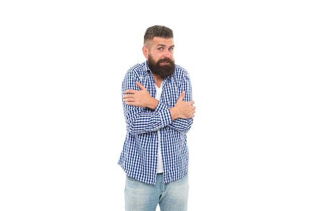 Freezing mature male hipster feel cold isolated on white fever