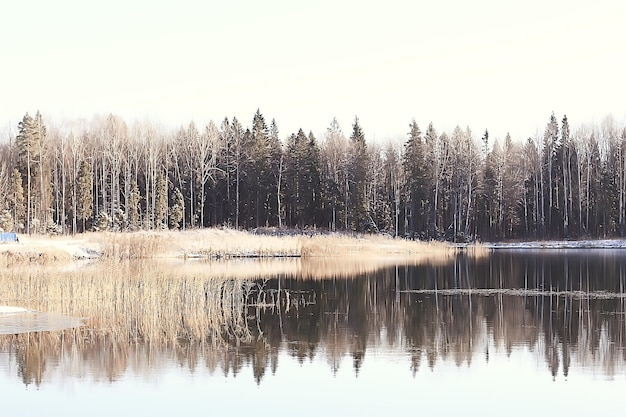 freezing river november december, seasonal landscape in nature winter