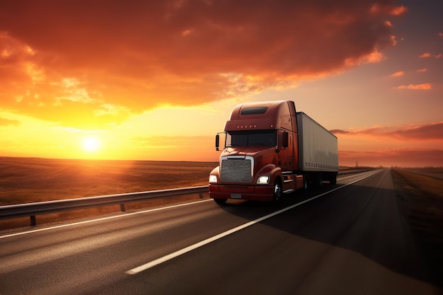 写真 日没時に道路高速道路を走る貨物貨物トラック