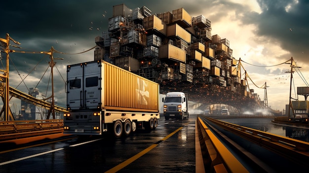 Freight cargo truck with container on the port Generative AI illustrator