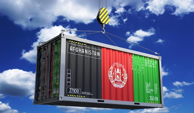 Freight shipping container with national flag of Afghanistan hanging on crane hook 3D illustration