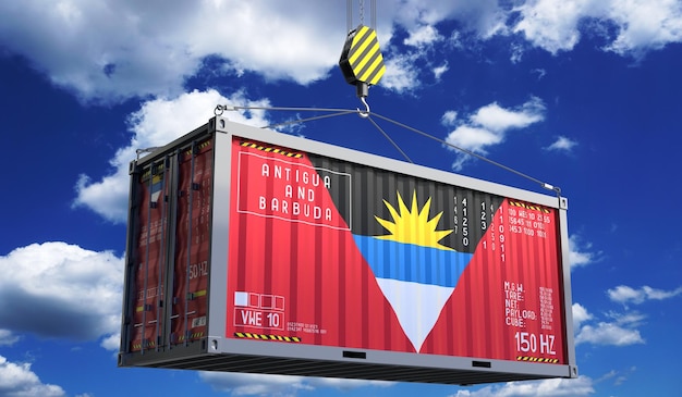 Freight shipping container with national flag of antigua and barbuda hanging on crane hook 3d illustration