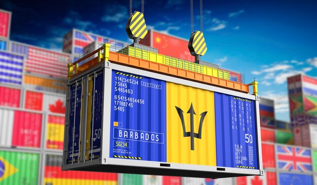 Freight shipping container with national flag of Barbados 3D illustration
