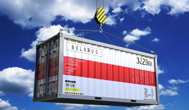 Freight shipping container with national flag of Belarus hanging on crane hook 3D illustration
