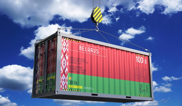 Freight shipping container with national flag of Belarus hanging on crane hook 3D illustration