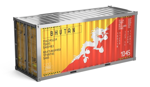 Foto contenitore di spedizione di merci con bandiera nazionale del bhutan su sfondo bianco illustrazione 3d