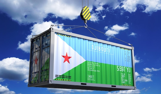 Freight shipping container with national flag of Djibouti hanging on crane hook 3D illustration