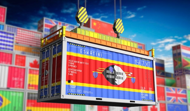 Freight shipping container with national flag of Eswatini 3D illustration