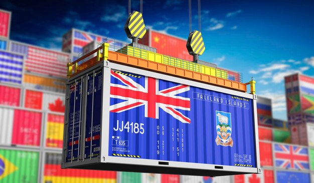 Freight shipping container with national flag of Falkland Islands 3D illustration