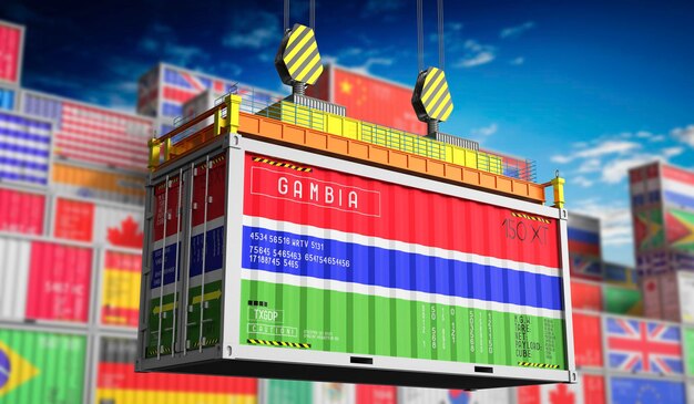 Freight shipping container with national flag of Gambia 3D illustration