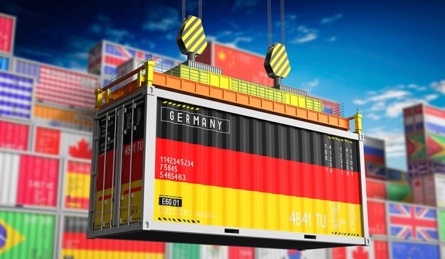 Freight shipping container with national flag of Germany 3D illustration