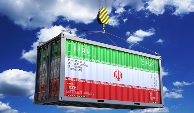 Freight shipping container with national flag of Iran hanging on crane hook 3D illustration