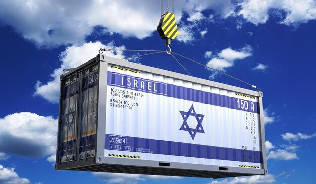 Freight shipping container with national flag of Israel hanging on crane hook 3D illustration