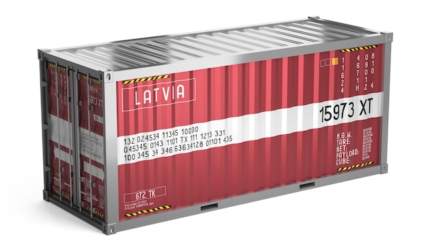 Freight shipping container with national flag of Latvia on white background 3D illustration