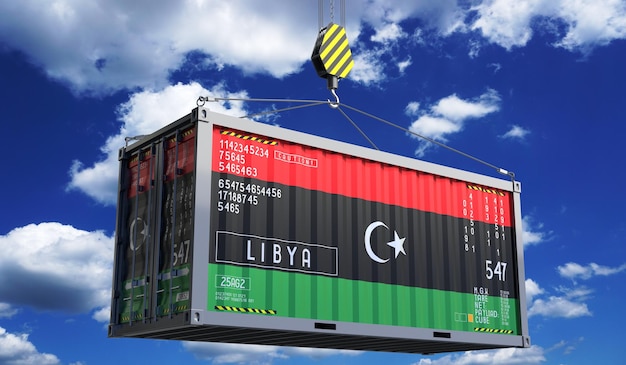 Freight shipping container with national flag of Libya hanging on crane hook 3D illustration