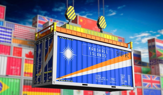 Freight shipping container with national flag of Marshall Islands 3D illustration