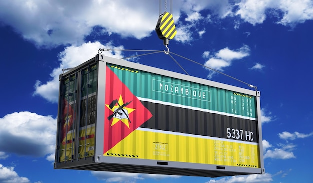 Freight shipping container with national flag of Mozambique hanging on crane hook 3D illustration