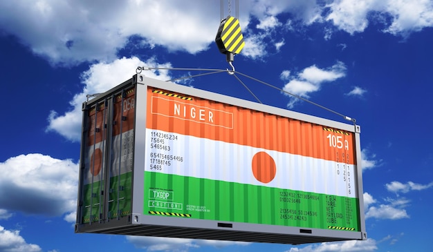 Freight shipping container with national flag of Niger hanging on crane hook 3D illustration