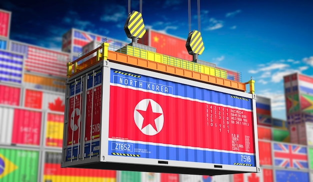 Freight shipping container with national flag of North Korea 3D illustration