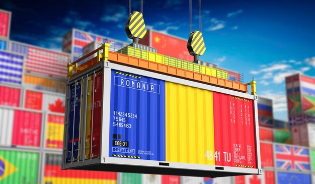 Freight shipping container with national flag of Romania 3D illustration